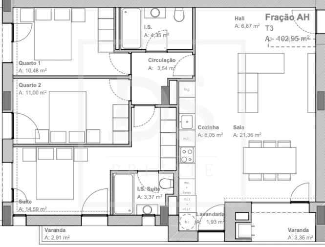 Apartamento T3 para Venda em Aguas Santas Planta 1