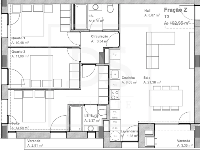 Apartamento T3 para Venda em Aguas Santas Planta 1