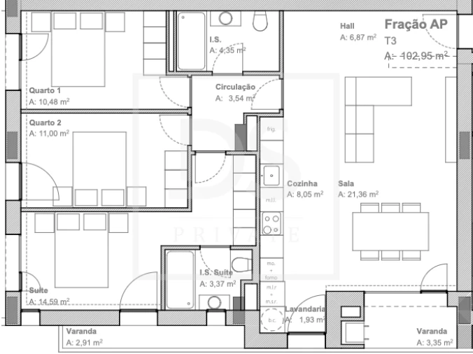 Apartamento T3 para Venda em Aguas Santas Planta 1