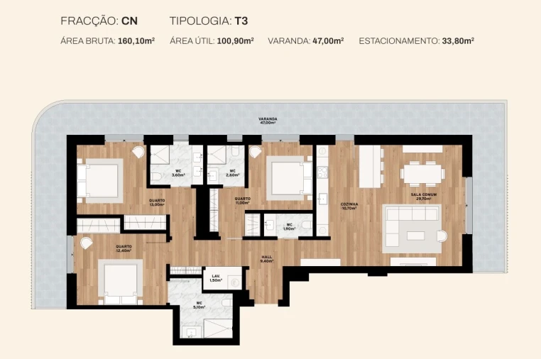 Apartamento T3 para Venda em Canidelo Planta 1