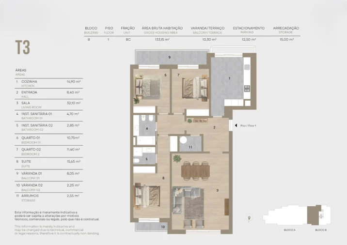 Apartamento T3 para Venda em Montijo e Afonsoeiro Planta 1