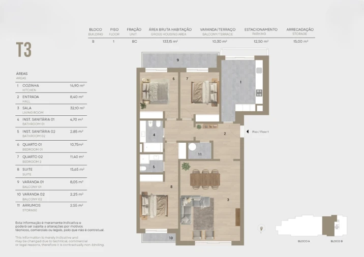 Apartamento T3 para Venda em Montijo e Afonsoeiro Planta 1