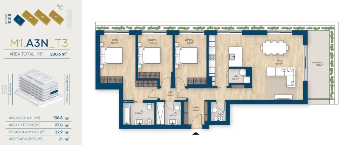 Apartamento T3 para Venda em Canidelo Planta 1