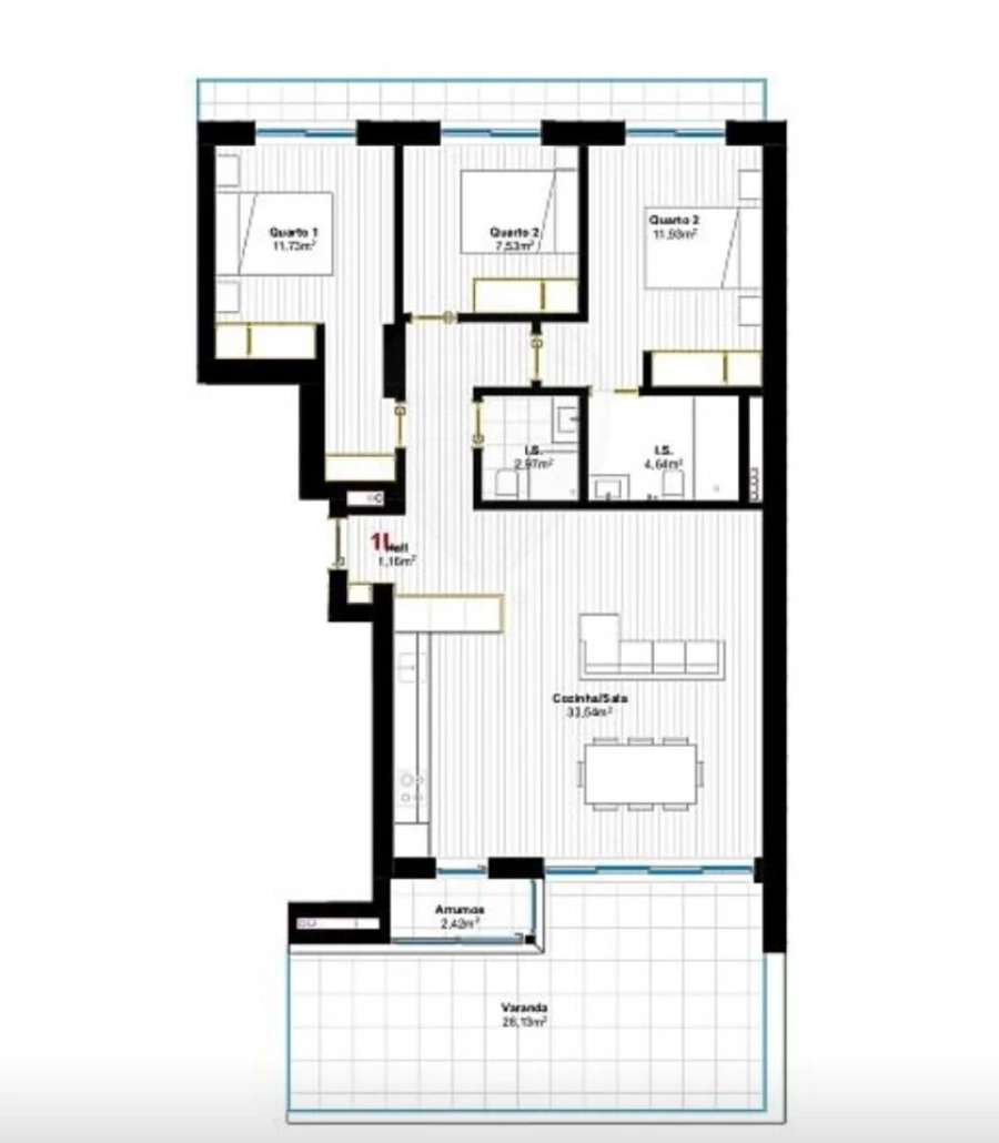 Apartamento T3 para Venda em Glória e Vera Cruz Planta 1