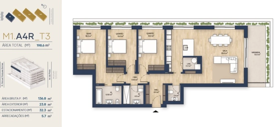 Apartamento T3 para Venda em Santa Marinha e São Pedro da Afurada Planta 1