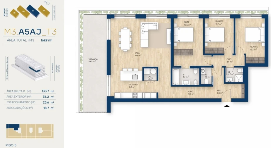 Apartamento T3 para Venda em Santa Marinha e São Pedro da Afurada Planta 1