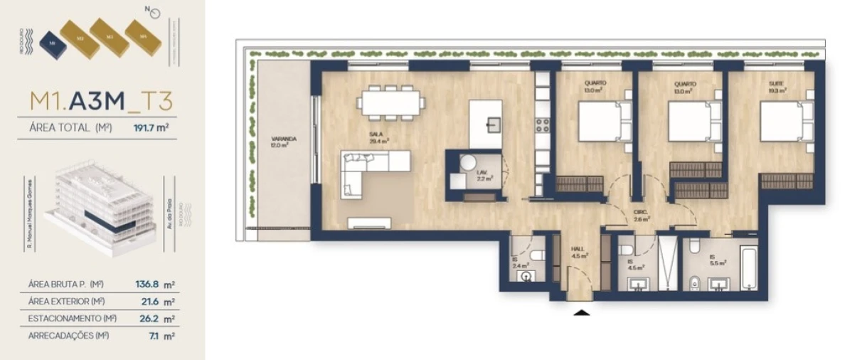Apartamento T3 para Venda em Santa Marinha e São Pedro da Afurada Planta 1