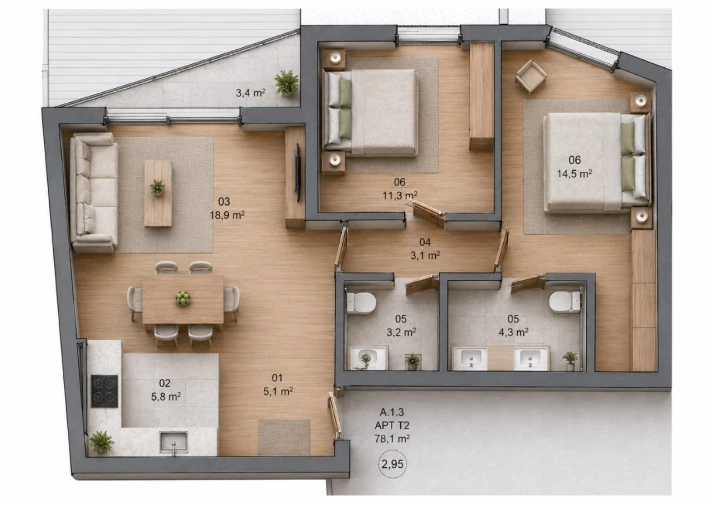 Apartamento T2 para Venda em Matosinhos e Leça da Palmeira Planta 1