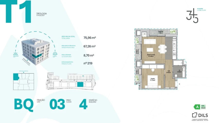 Apartamento T1 para Venda em Carcavelos e Parede Planta 1