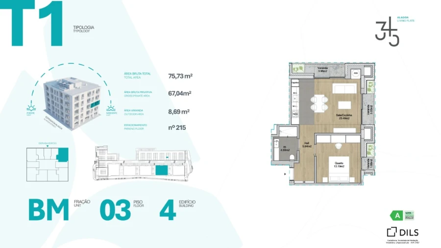 Apartamento T1 para Venda em Carcavelos e Parede Planta 1