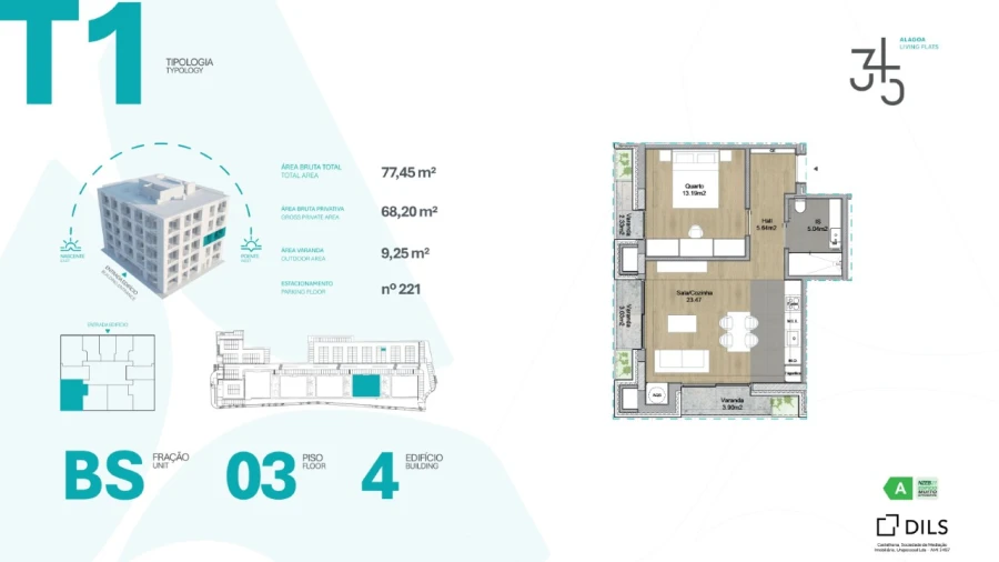 Apartamento T1 para Venda em Carcavelos e Parede Planta 1