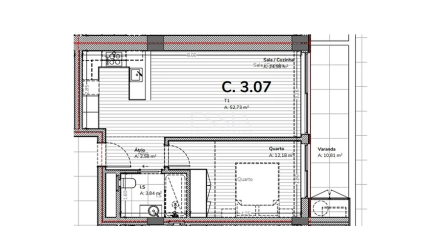 Apartamento T1 para Venda em Mafamude e Vilar do Paraíso Planta 1