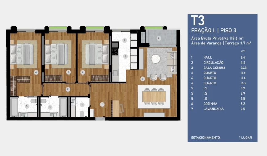 Apartamento T3 para Venda em Custóias, Leça do Balio e Guifões Planta 1