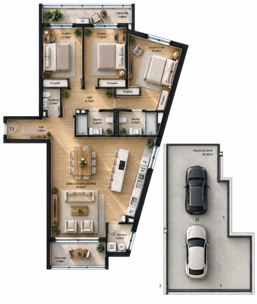 Apartamento T3 para Venda em Gulpilhares e Valadares Planta 1