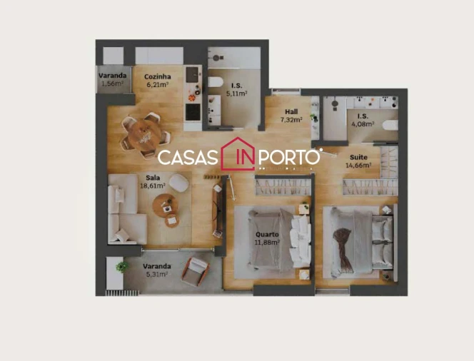 Apartamento T2 para Venda em Glória e Vera Cruz Planta 1