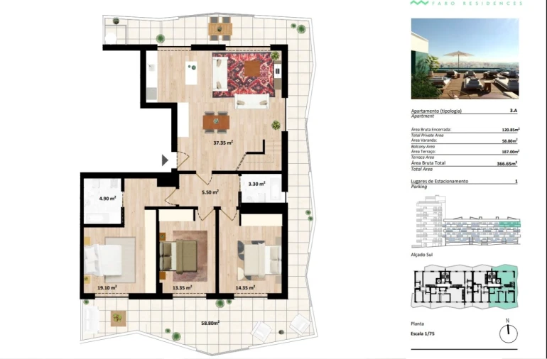Apartamento T3 para Venda em Faro (Sé e São Pedro) Planta 1