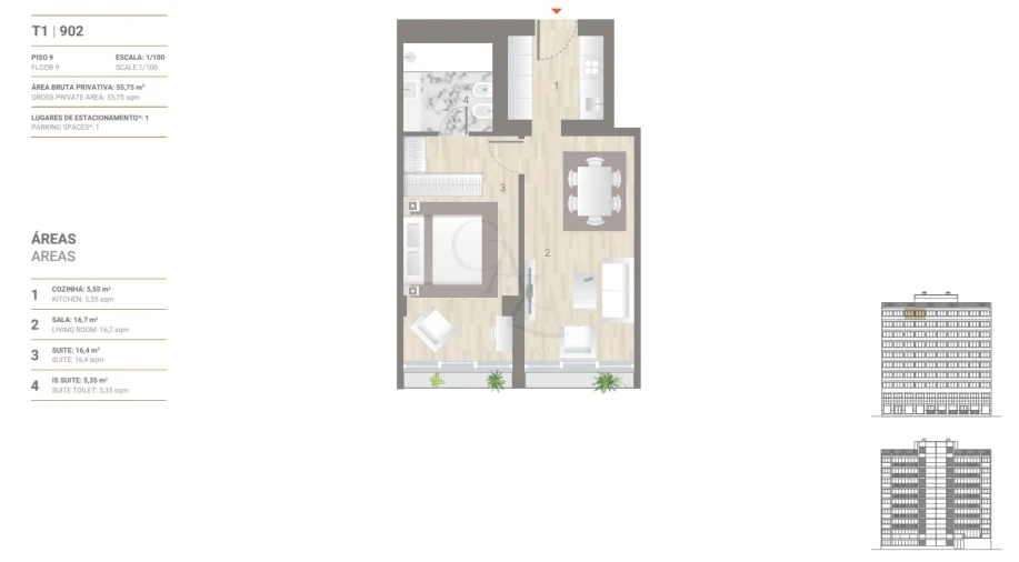 Apartamento T1 para Venda em Ajuda Planta 1