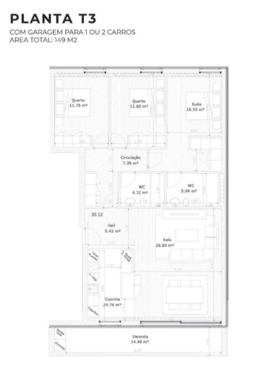 Apartamento T3 para Venda em São João Baptista Planta 1