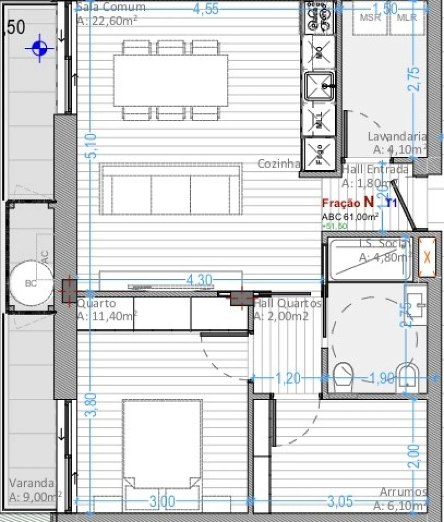 Apartamento T1 para Venda em Ribeirão Planta 1