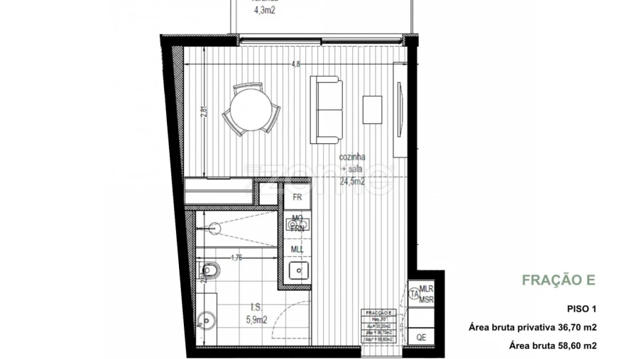 Apartamento T1 para Venda em Pedrouços