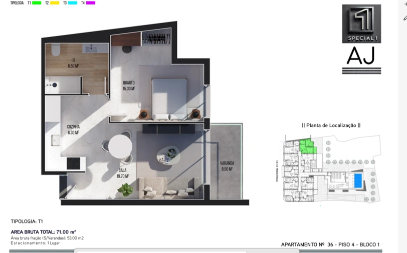 Apartamento T1 para Venda em Ribeira Brava Planta 1