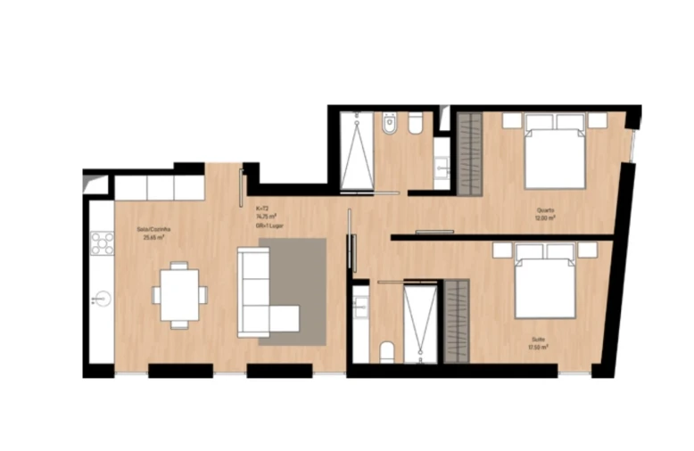 Apartamento T2 para Venda em Glória e Vera Cruz Planta 1