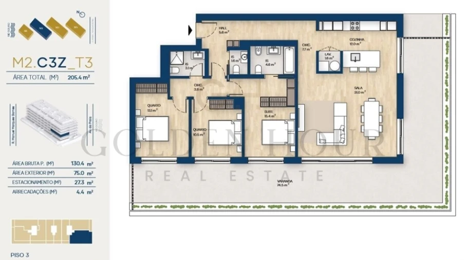 Apartamento T3 para Venda em Canidelo Planta 1