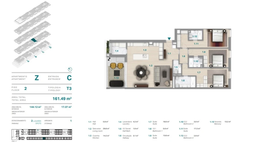 Apartamento T3 para Venda em Canidelo Planta 1