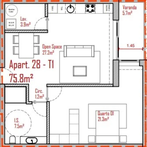 Apartamento T1 para Venda em Lodares Planta 1