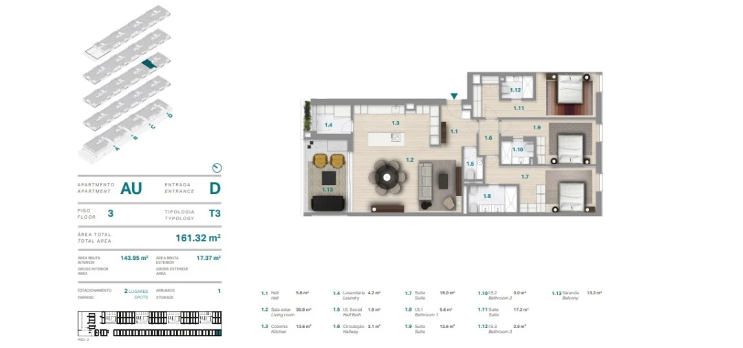 Apartamento T3 para Venda em Canidelo Planta 1