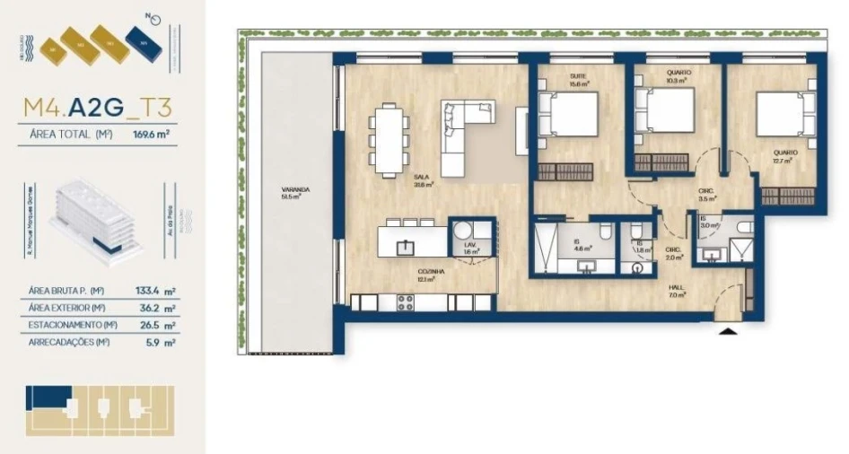 Apartamento T3 para Venda em Canidelo Planta 1