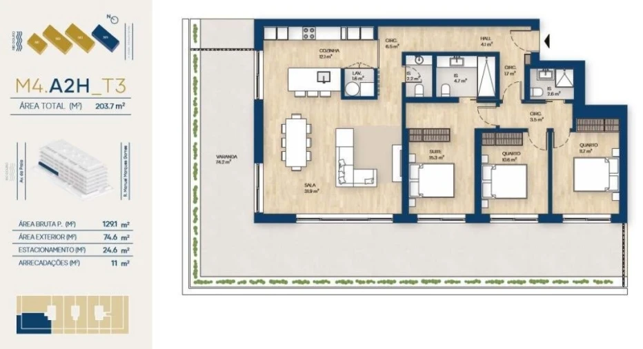 Apartamento T3 para Venda em Canidelo Planta 1