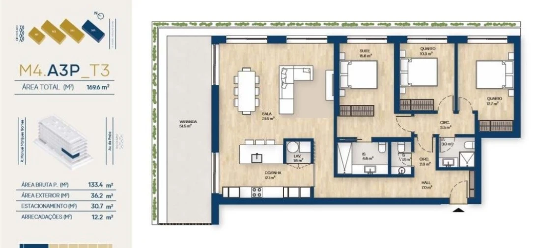Apartamento T3 para Venda em Canidelo Planta 1