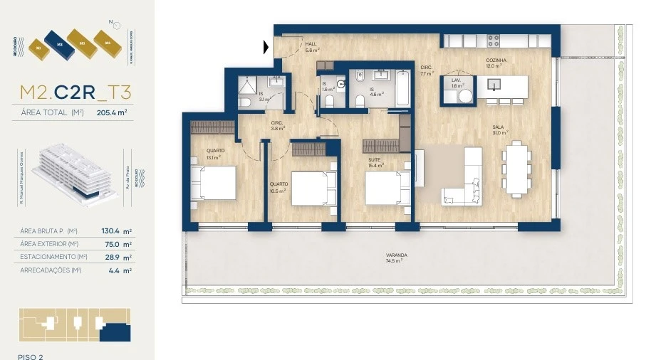 Apartamento T3 para Venda em Canidelo Planta 1