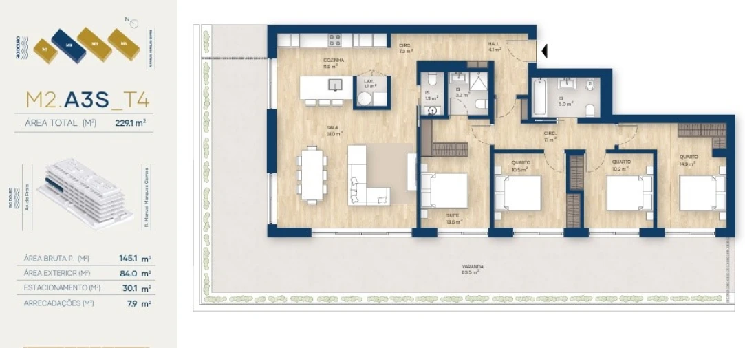 Apartamento T4 para Venda em Canidelo Planta 1