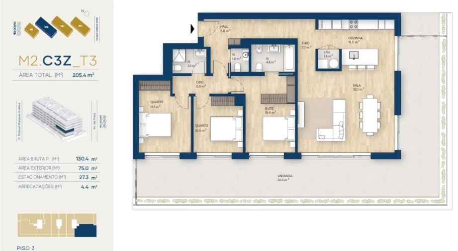 Apartamento T3 para Venda em Canidelo Planta 1