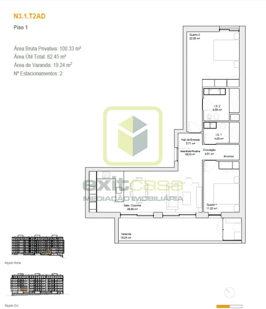 Apartamento T2 para Venda em Glória e Vera Cruz Planta 1
