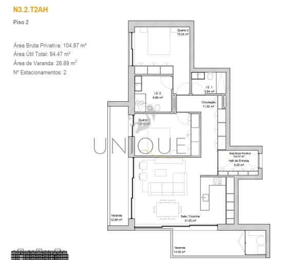 Apartamento T2 para Venda em Glória e Vera Cruz Planta 1