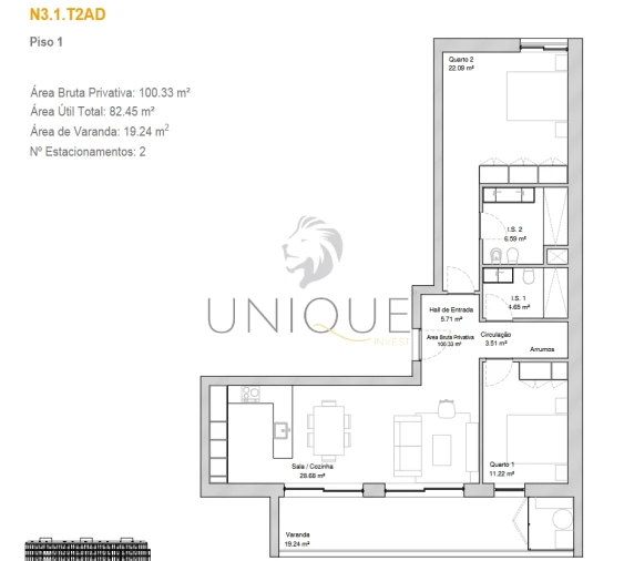 Apartamento T2 para Venda em Glória e Vera Cruz Planta 1