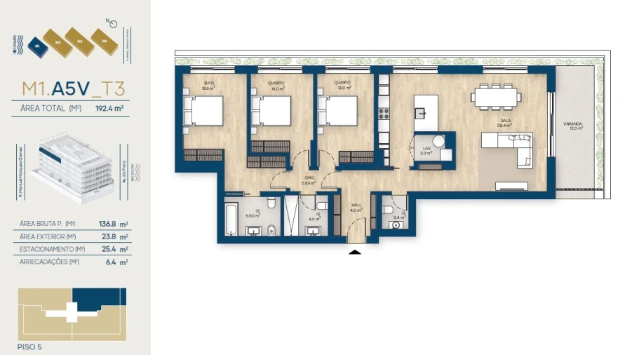 Apartamento T3 para Venda em Canidelo Planta 1