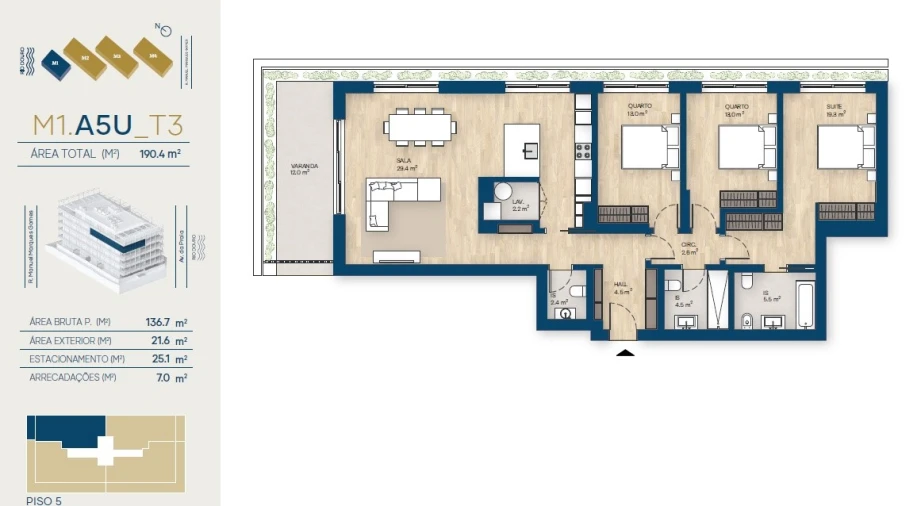 Apartamento T3 para Venda em Canidelo Planta 1
