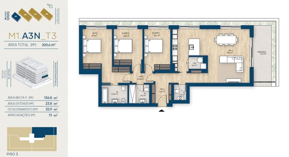 Apartamento T3 para Venda em Canidelo Planta 1