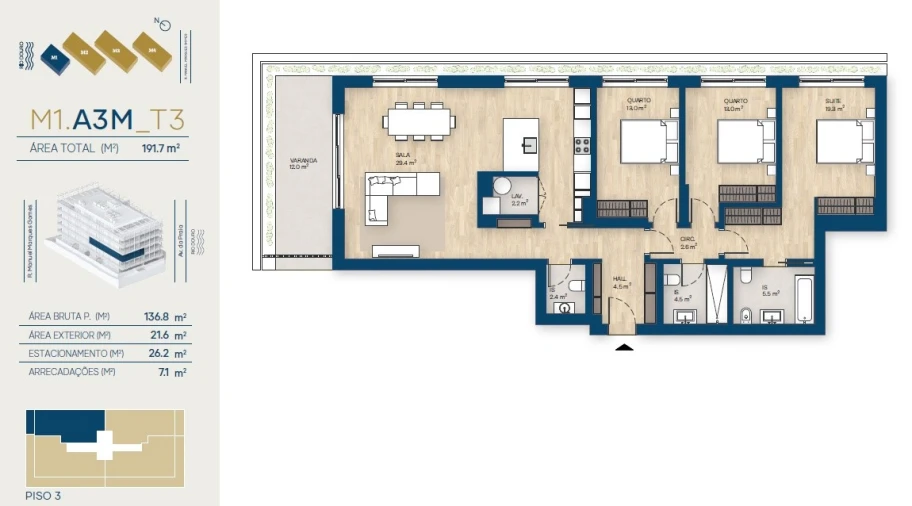 Apartamento T3 para Venda em Canidelo Planta 1