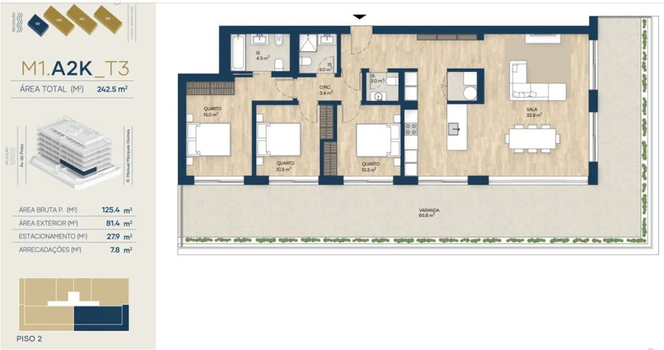 Apartamento T3 para Venda em Canidelo Planta 1