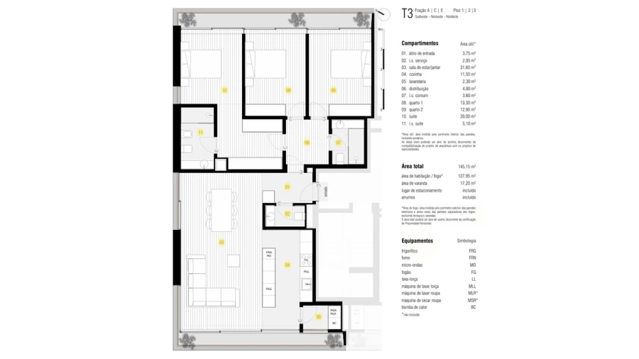 Apartamento T3 para Venda em Canidelo Planta 1