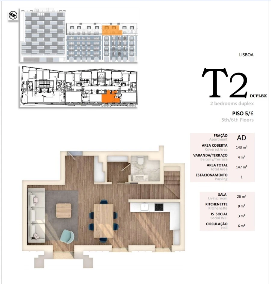 Apartamento T2 para Venda em Alvalade Planta 1