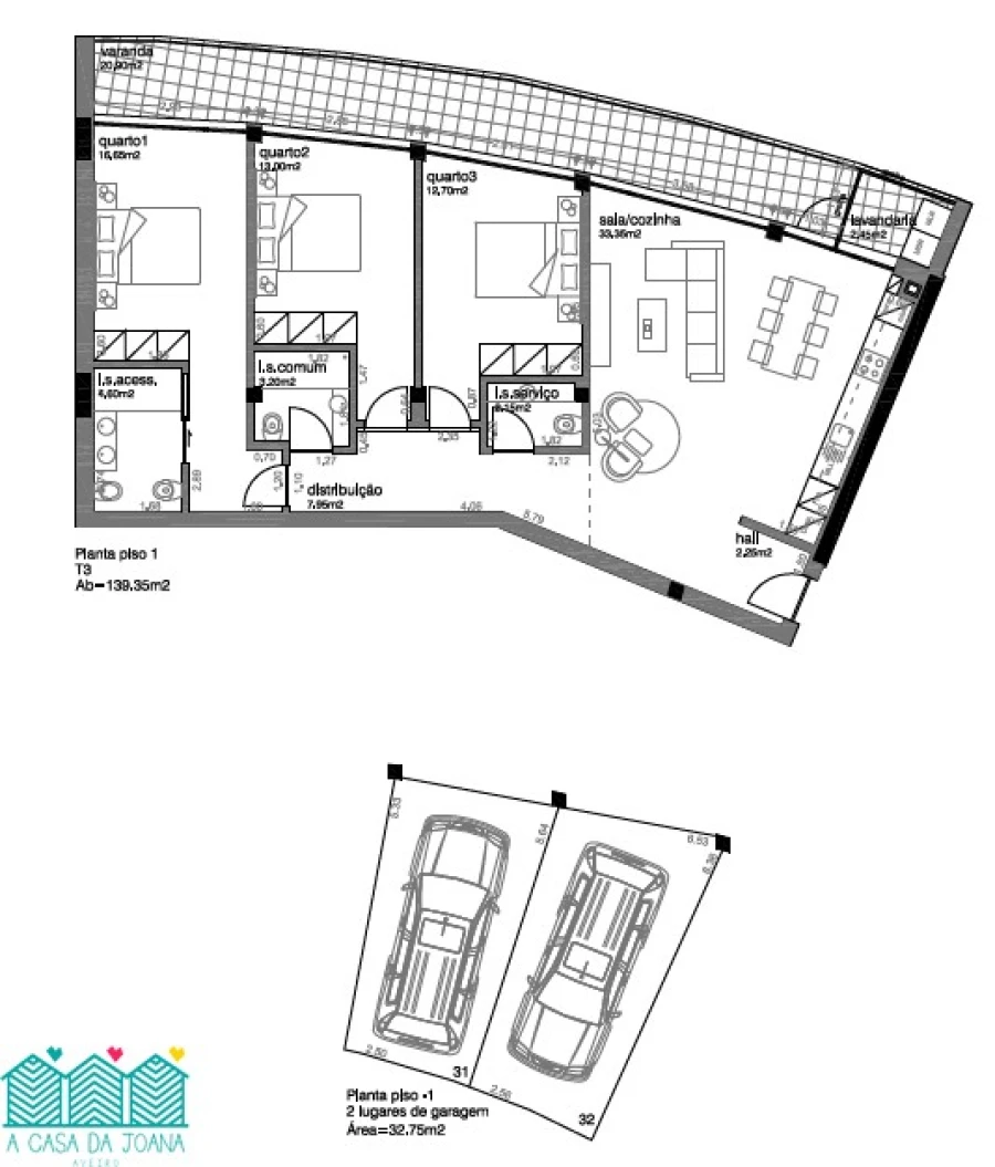 Apartamento T3 para Venda em Aradas Planta 1